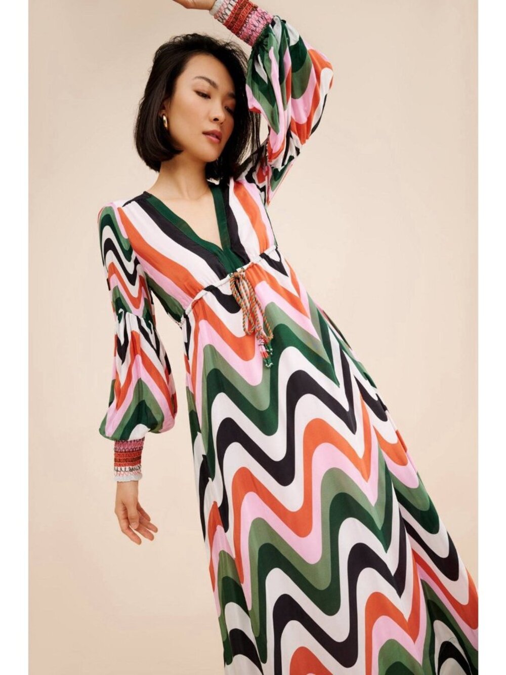 Farm Rio Women’s XS Abstract Wave Print Maxi Dress Long Sleeve Boho NWOT
